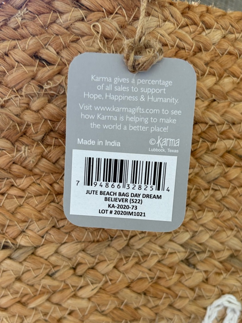 Large Karma Daydream Believer Jute Tote Beach Bag NWT - Picture 3 of 6